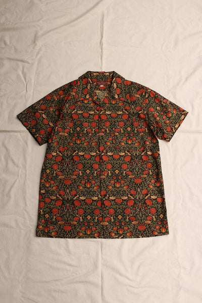 ADJUSTABLE COSTUME / "Willam Morris Strawberry Thief,1883" Open Collar Short Sleeve Shirt (AS-112,BLACK)