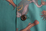 FREEWHEELERS / "ADVENTURE COLLECTION" SHORT SLEEVE OPEN-NECK SHIRT (#2023015,ANCIENT MONSTERS PRINT DEEP TEAL GREEN)